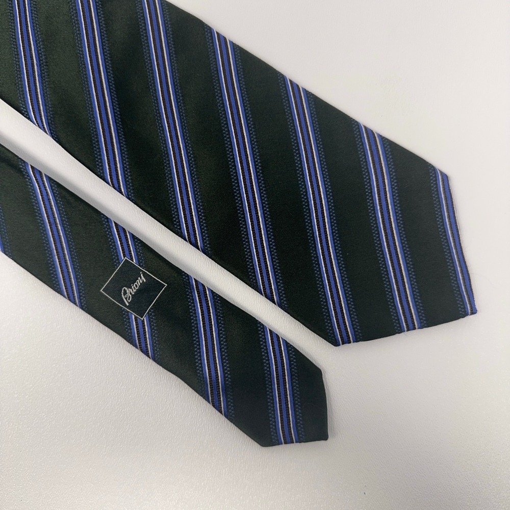 Brioni Mens Silk Repp Tie Green Blue White Stripe Handmade in Italy